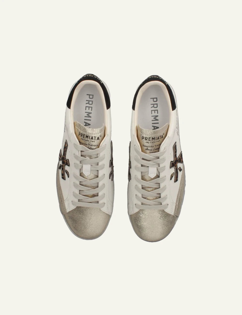 Premiata men's cream white leather and suede sneakers with animal print logo and gold details top