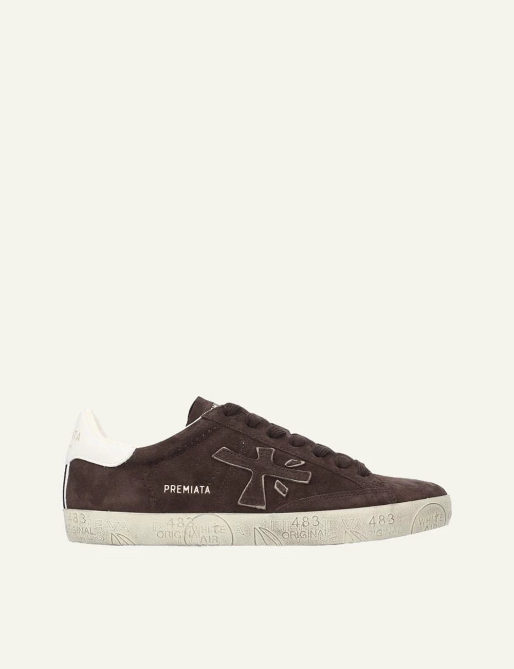 Premiata men's dark brown leather and suede sneakers with cream details