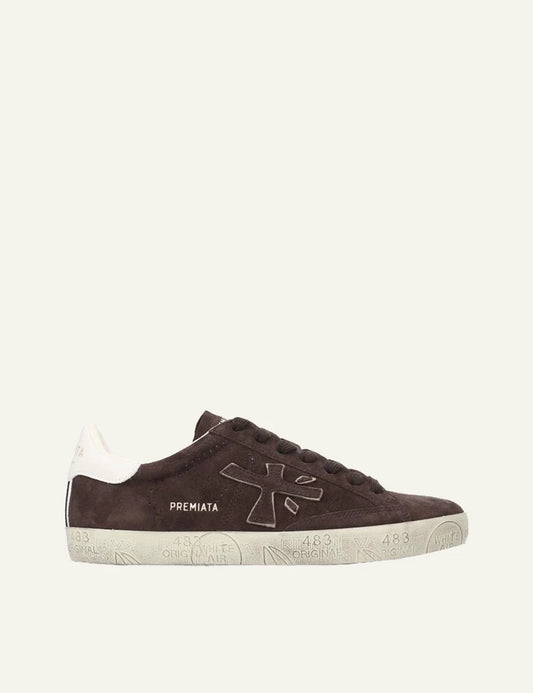 Premiata men's dark brown leather and suede sneakers with cream details