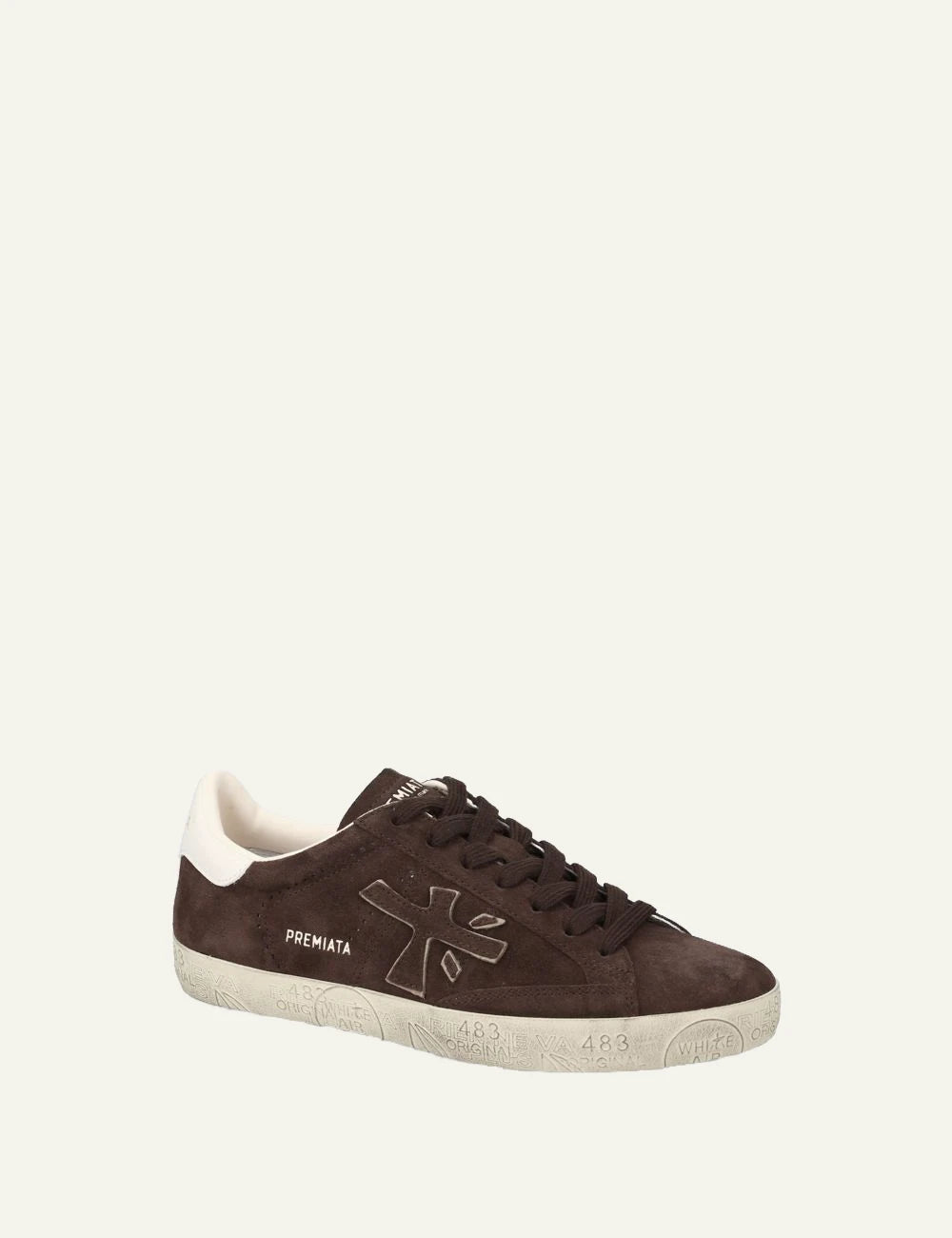 Premiata men's dark brown leather and suede sneakers with cream details angled
