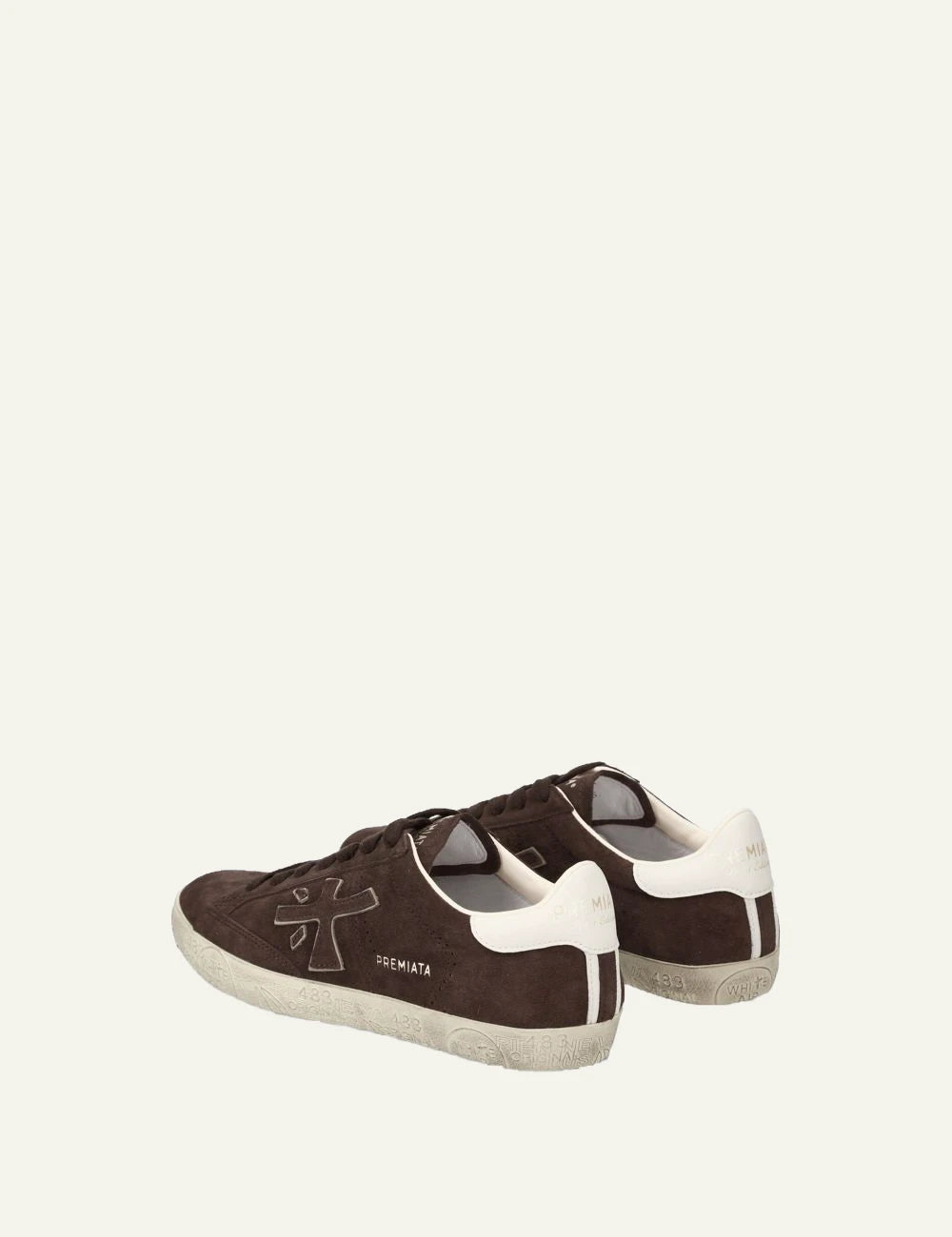 Premiata men's dark brown leather and suede sneakers with cream details back