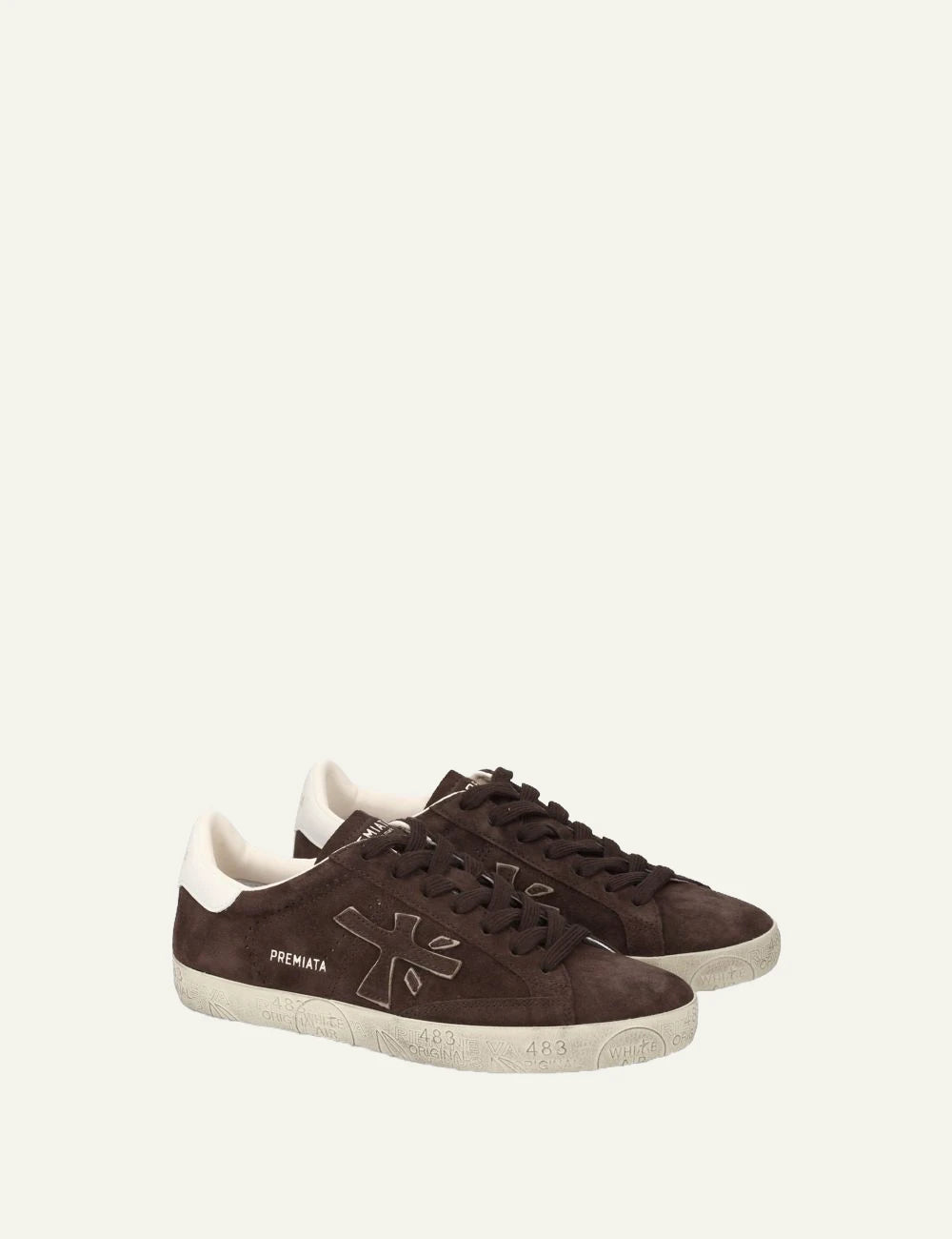 Premiata men's dark brown leather and suede sneakers with cream details side
