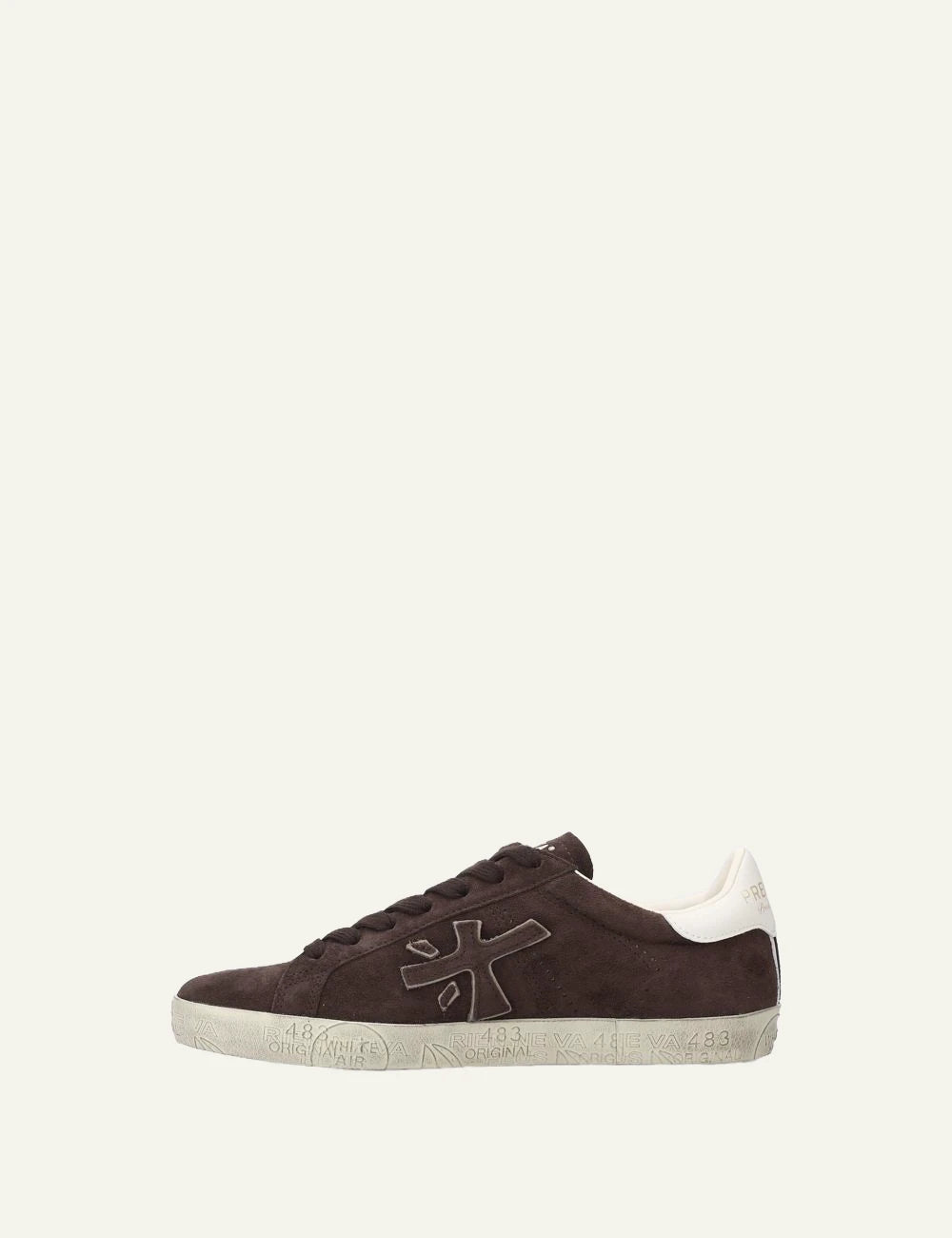 Premiata men's dark brown leather and suede sneakers with cream details profile