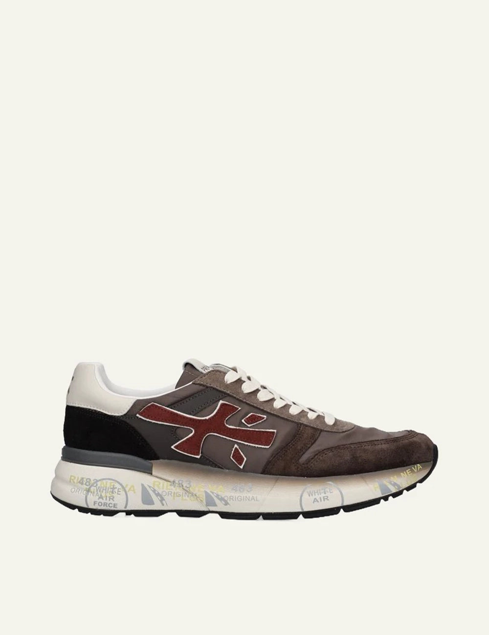 Premiata men's dark brown suede sneakers with burgundy details