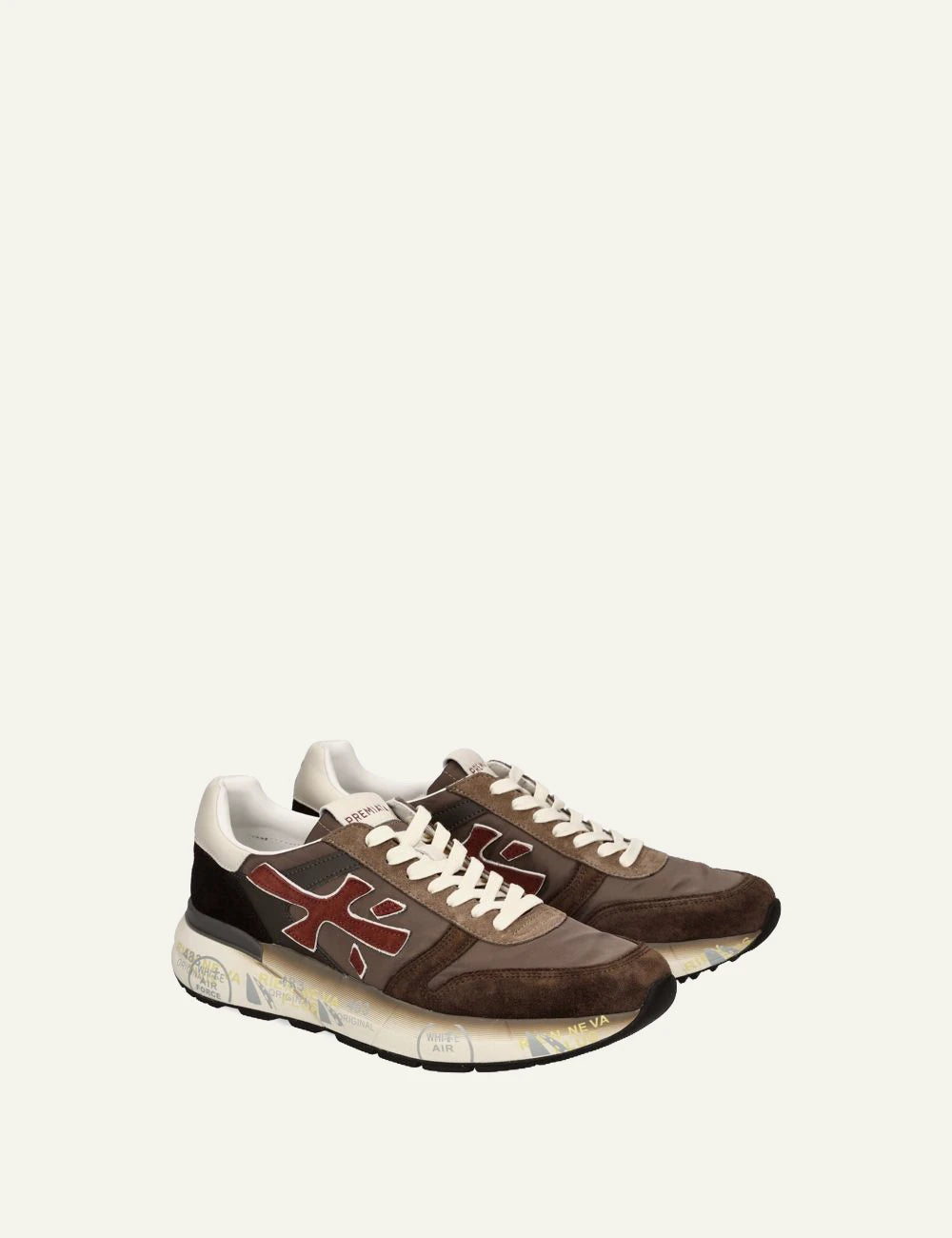Premiata men's dark brown suede sneakers with burgundy details profile