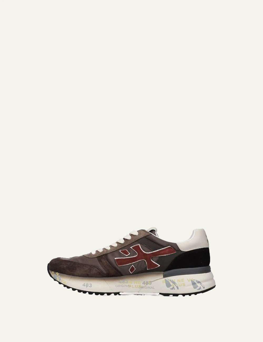 Premiata men's dark brown suede sneakers with burgundy details profile