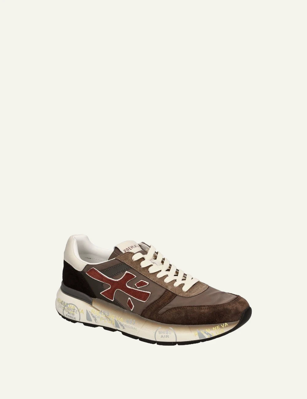 Premiata men's dark brown suede sneakers with burgundy details angled