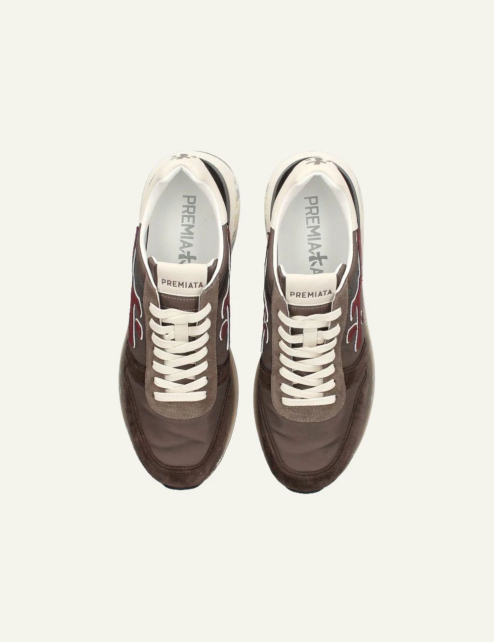 Premiata men's dark brown suede sneakers with burgundy details top