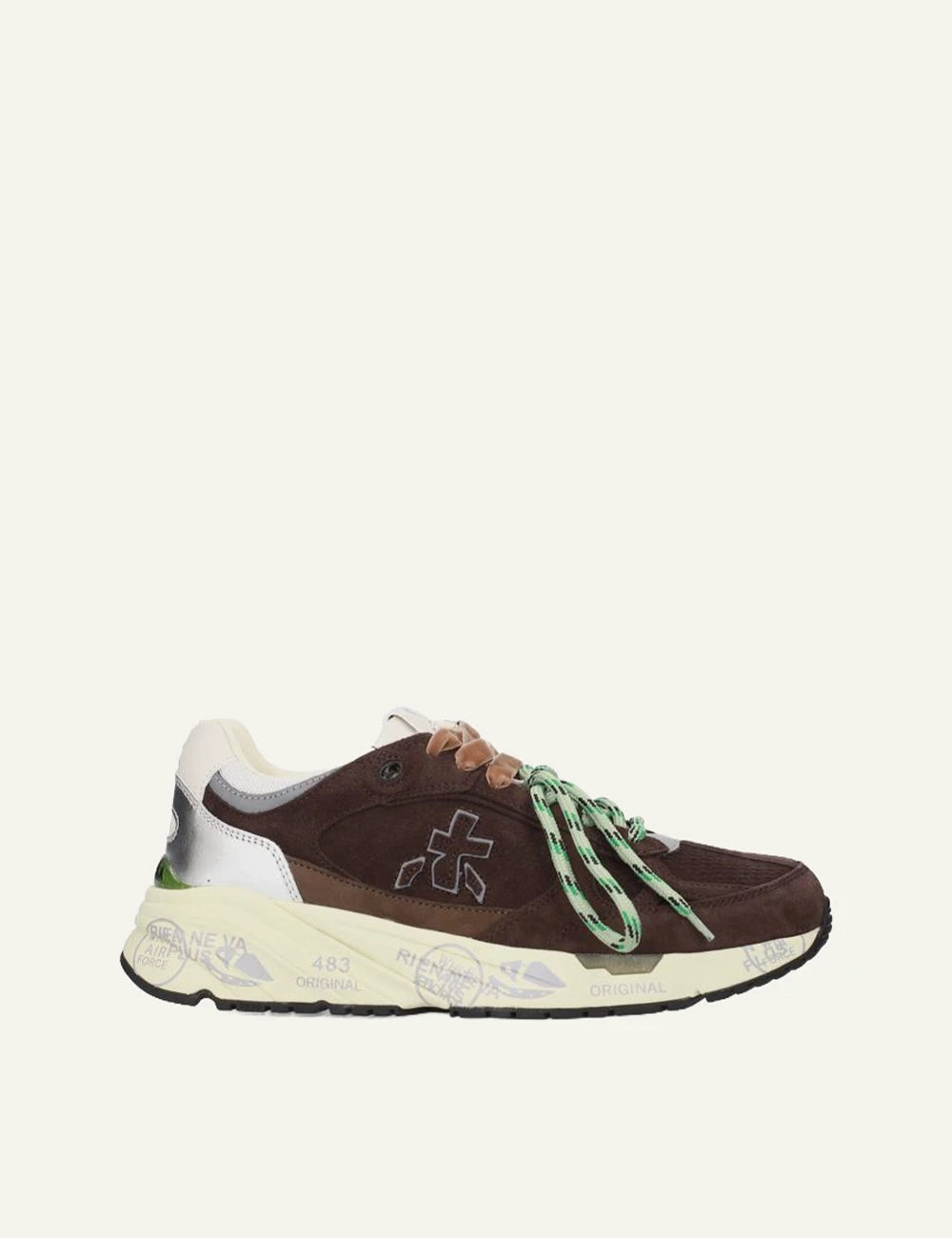Premiata men's dark brown suede sneakers with silver and green details