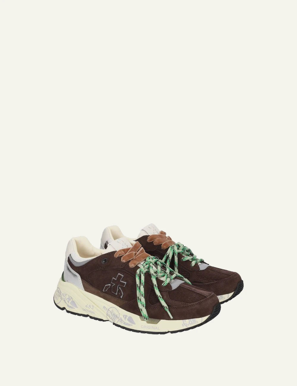 Premiata men's dark brown suede sneakers with silver and green details profile