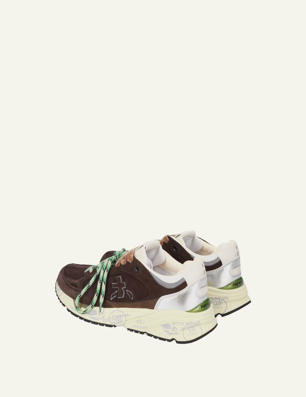 Premiata men's dark brown suede sneakers with silver and green details back