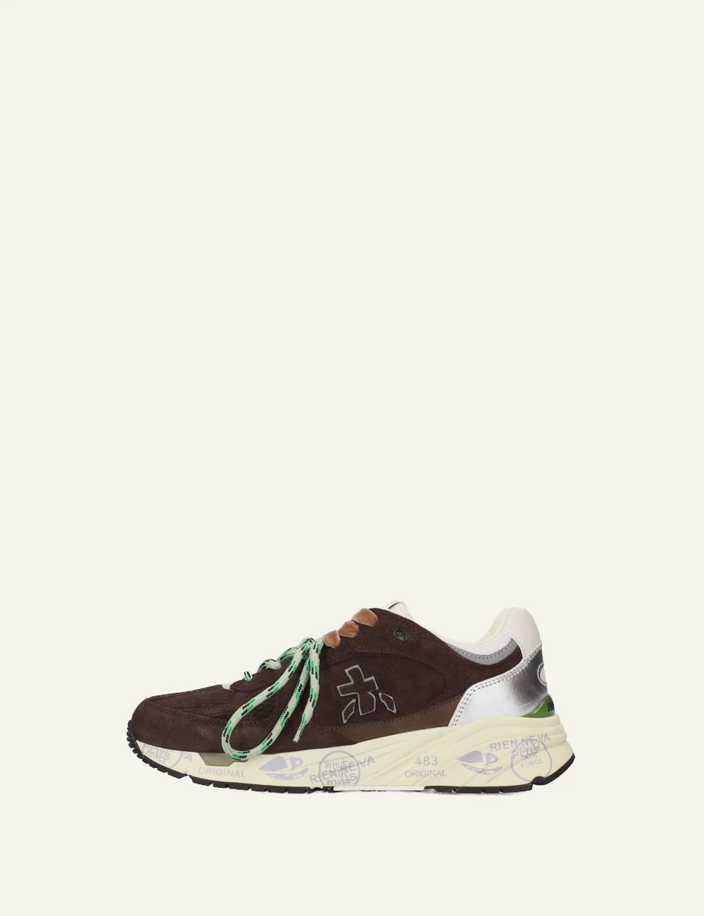 Premiata men's dark brown suede sneakers with silver and green details profile