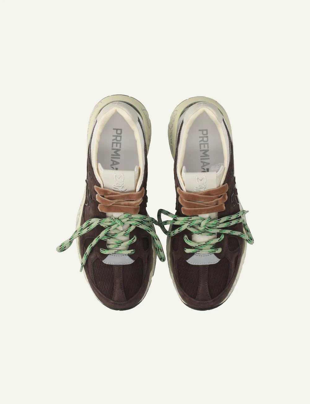 Premiata men's dark brown suede sneakers with silver and green details top