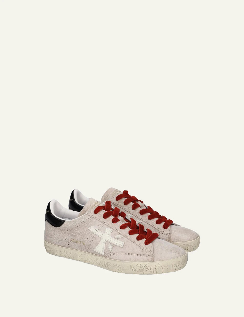 Premiata men's light beige leather sneakers with red laces and black details   profile