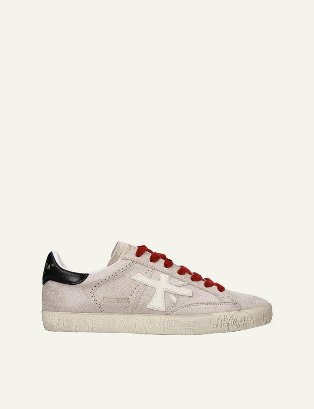Premiata men's light beige leather sneakers with red laces and black details