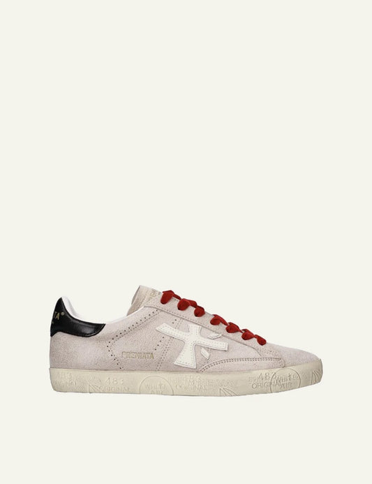 Premiata men's light beige leather sneakers with red laces and black details