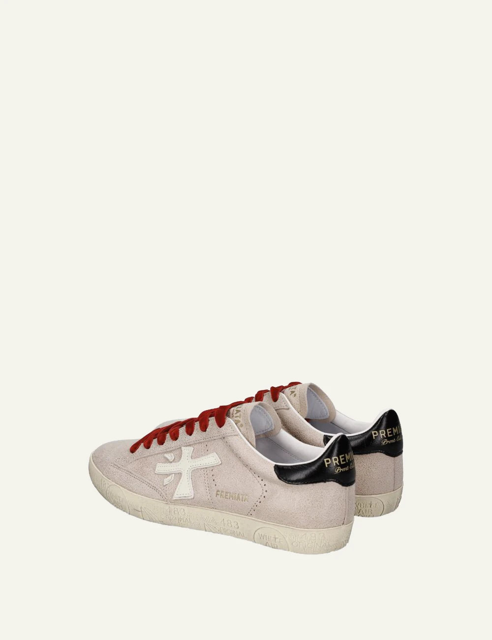 Premiata men's light beige leather sneakers with red laces and black details back