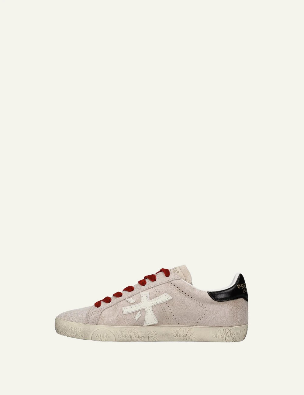 Premiata men's light beige leather sneakers with red laces and black details side