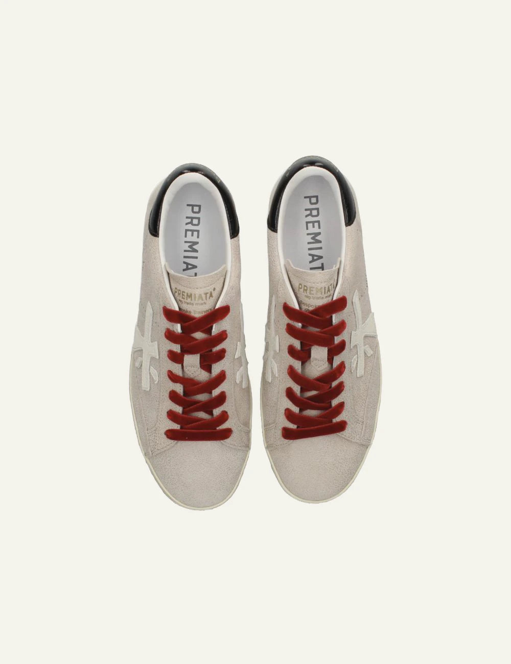 Premiata men's light beige leather sneakers with red laces and black details top