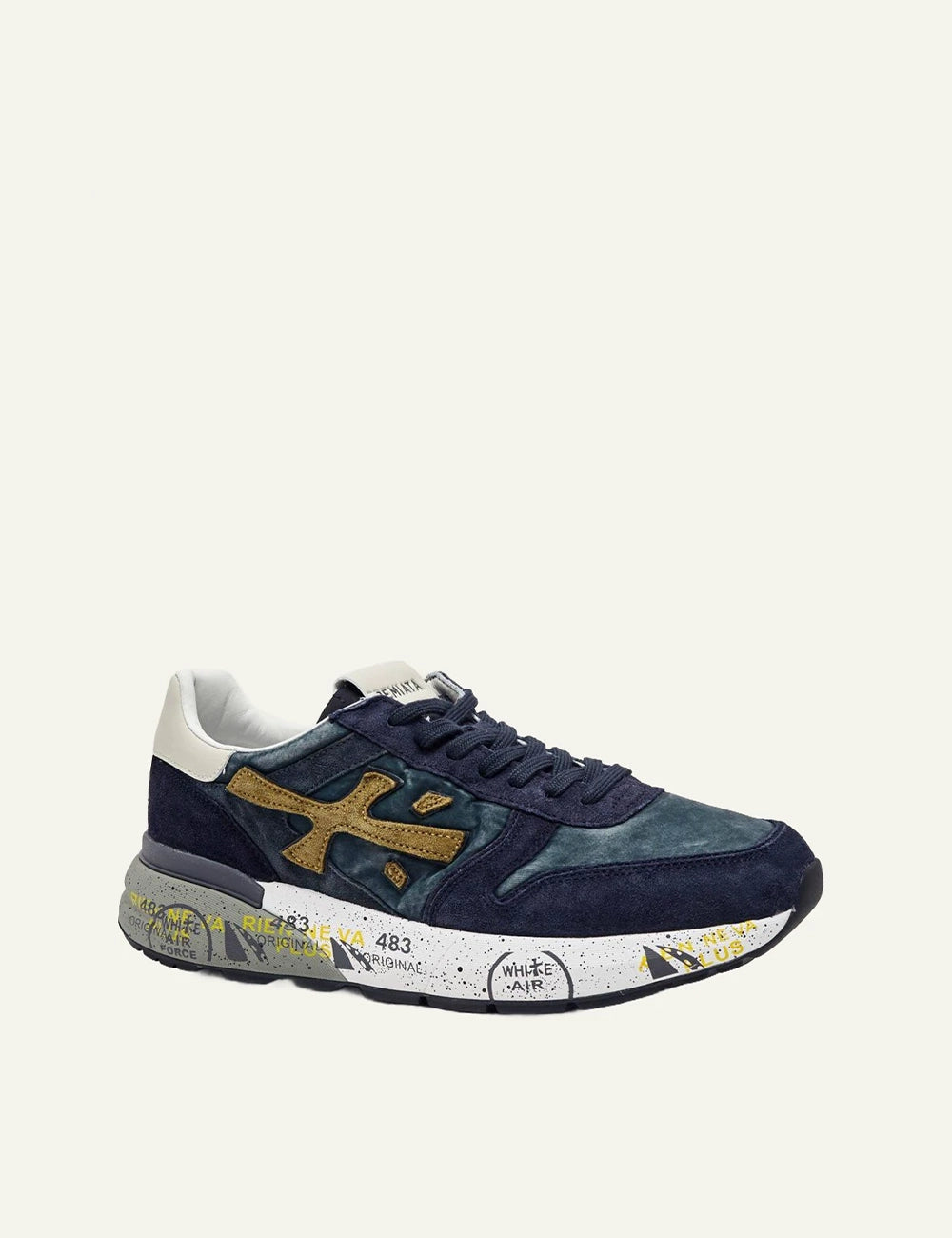 Premiata men's navy blue leather and suede sneakers with gold details