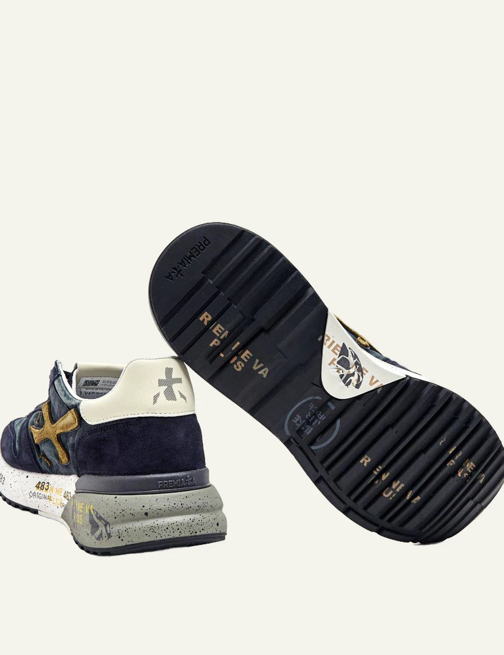 Premiata men's navy blue leather and suede sneakers with gold details back
