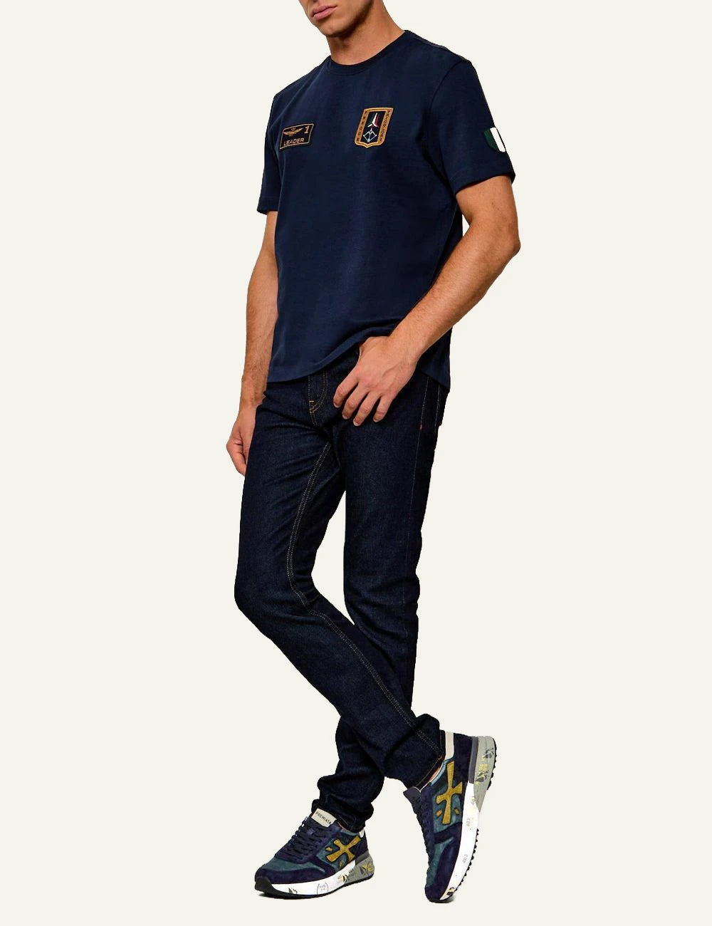 Premiata men's navy blue leather and suede sneakers with gold details model