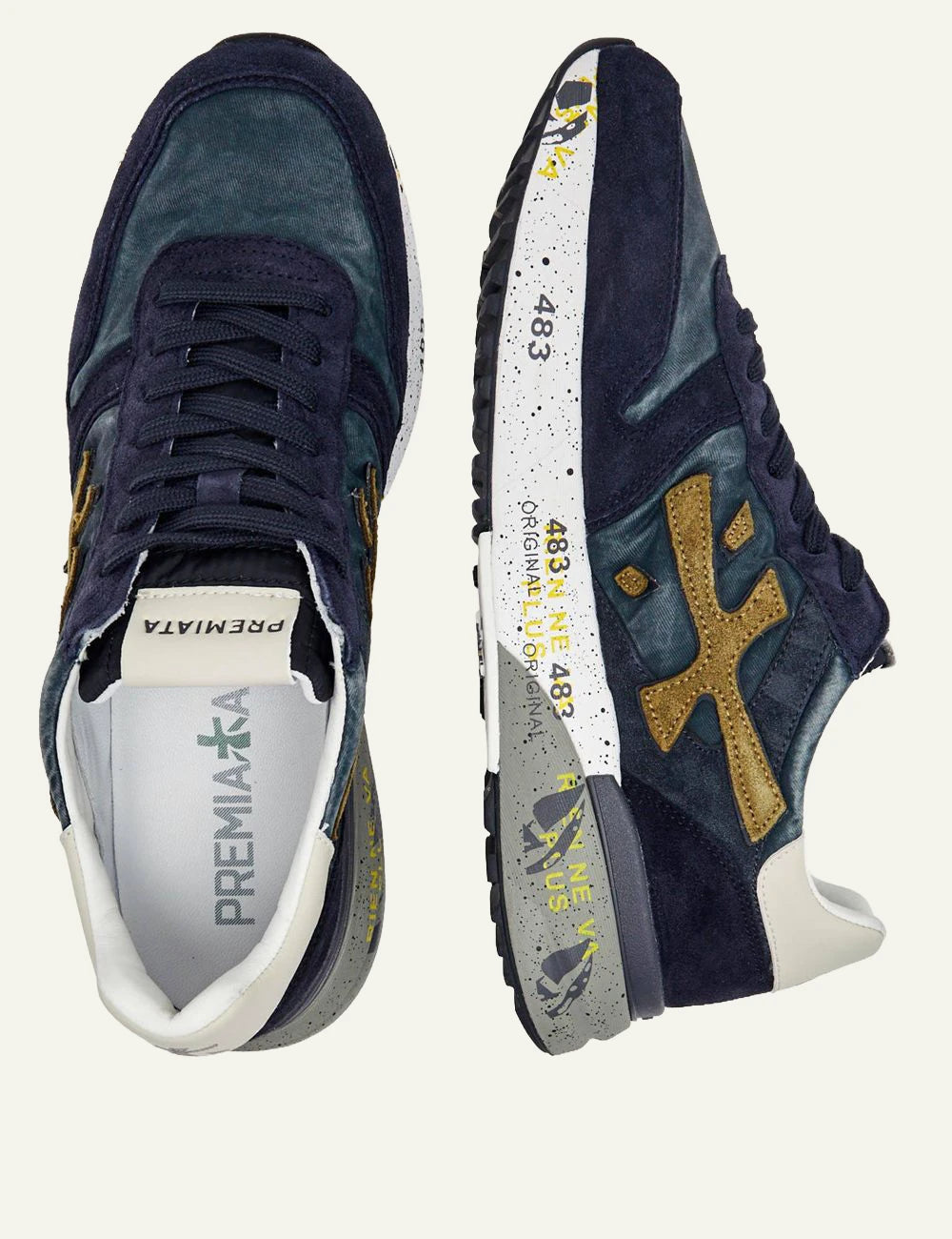 Premiata men's navy blue leather and suede sneakers with gold details top