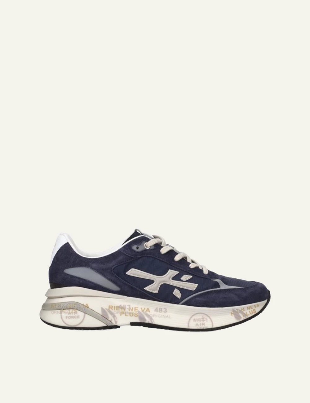 Premiata men's navy blue suede and mesh sneakers with cream details
