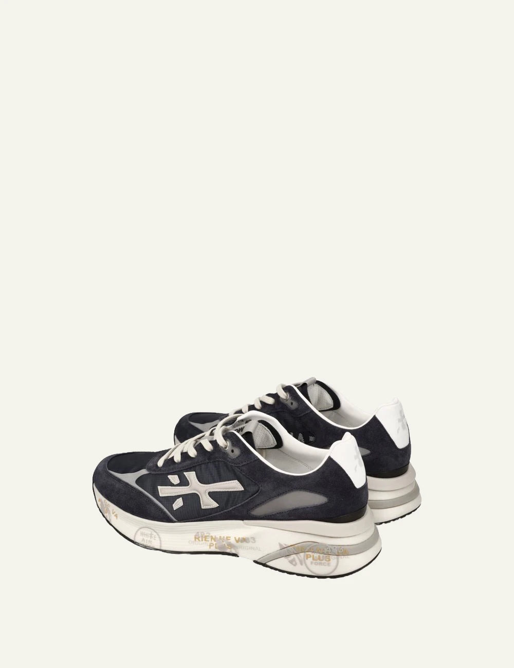 Premiata men's navy blue suede and mesh sneakers with cream details back
