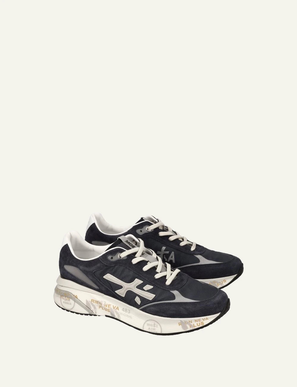 Premiata men's navy blue suede and mesh sneakers with cream details angled