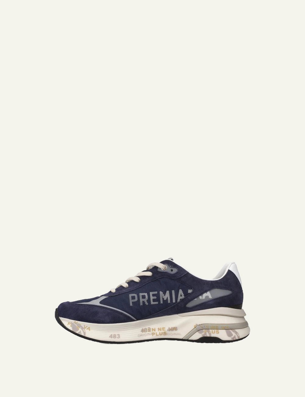 Premiata men's navy blue suede and mesh sneakers with cream details side