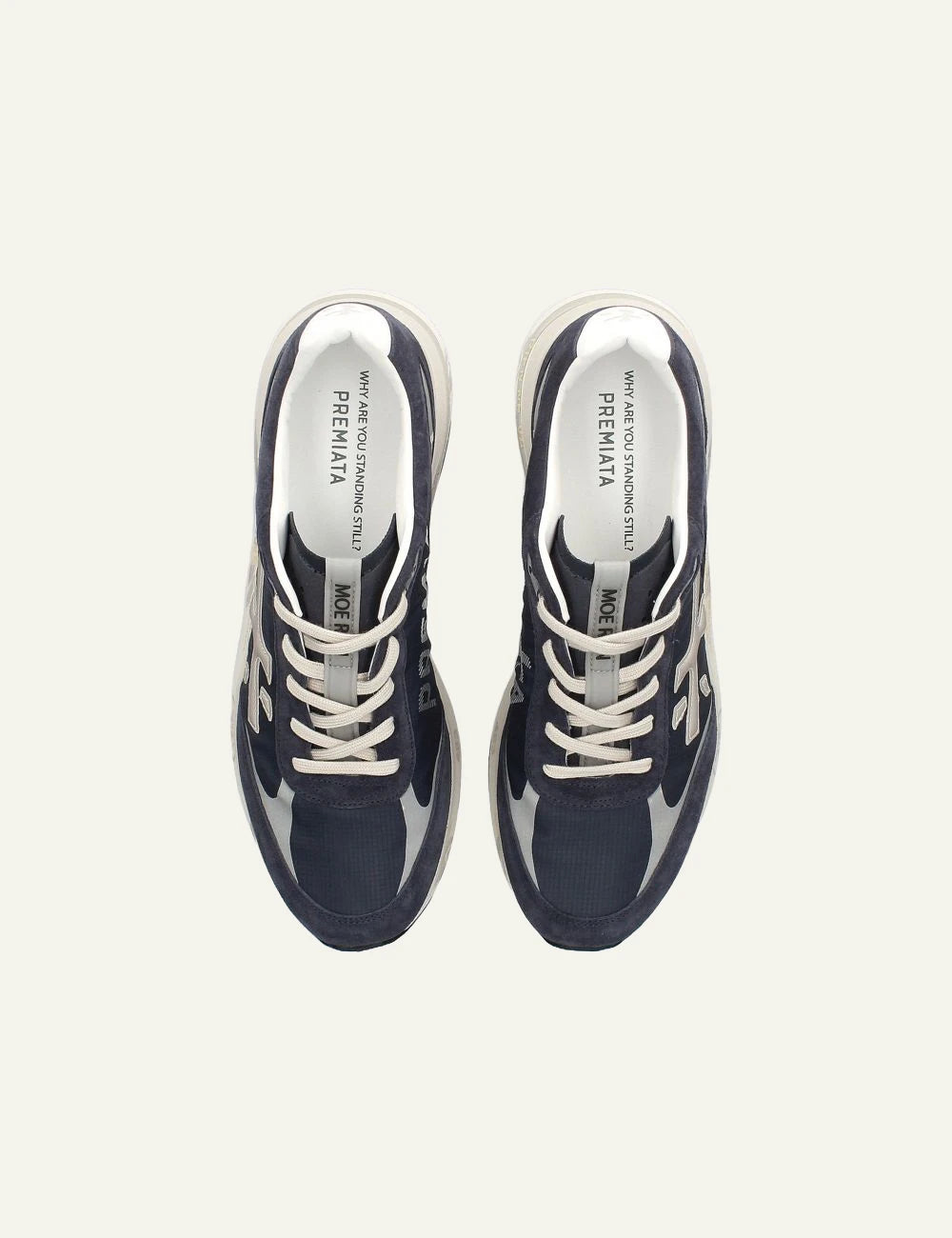 Premiata men's navy blue suede and mesh sneakers with cream details top