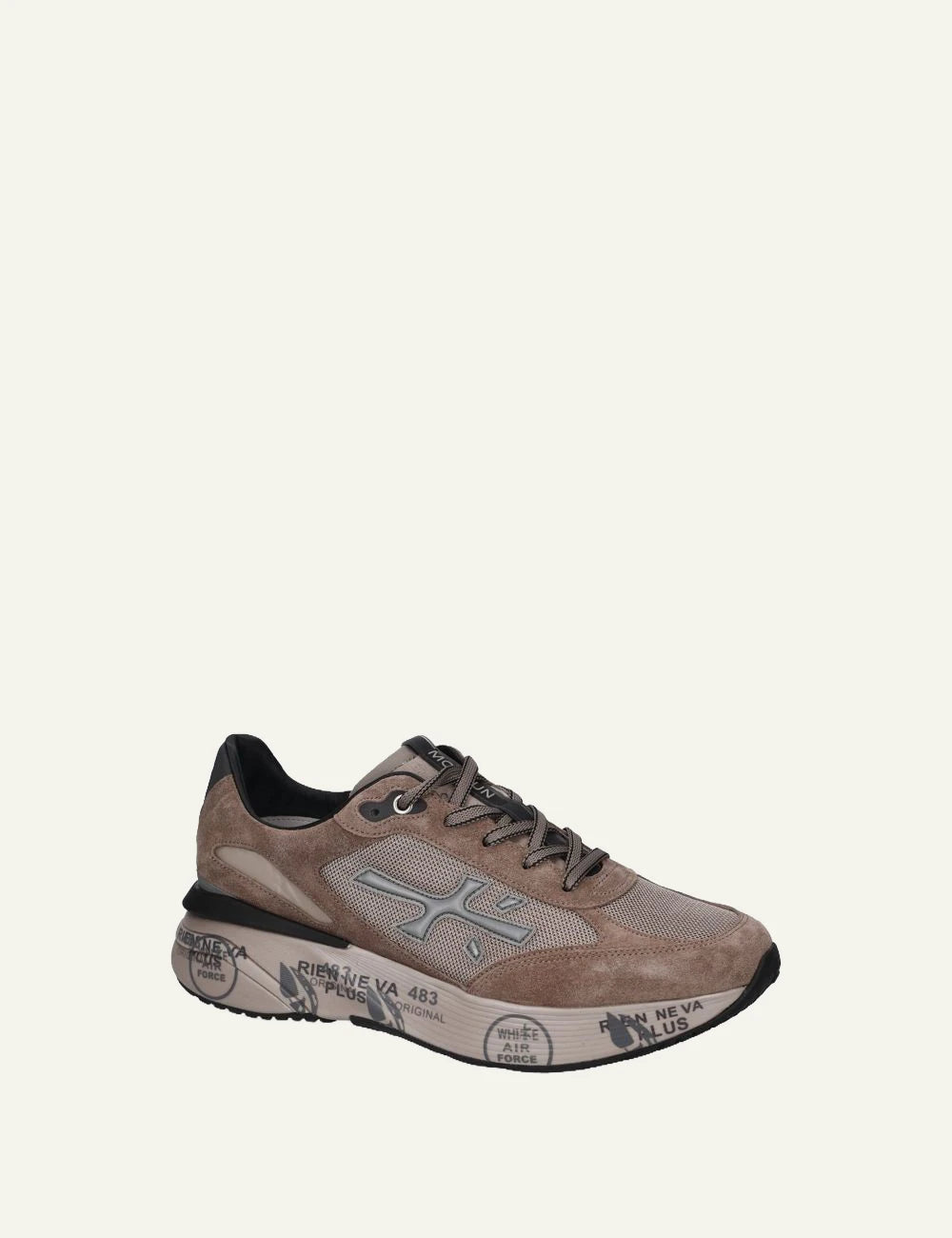 Premiata men's taupe suede and mesh sneakers angled