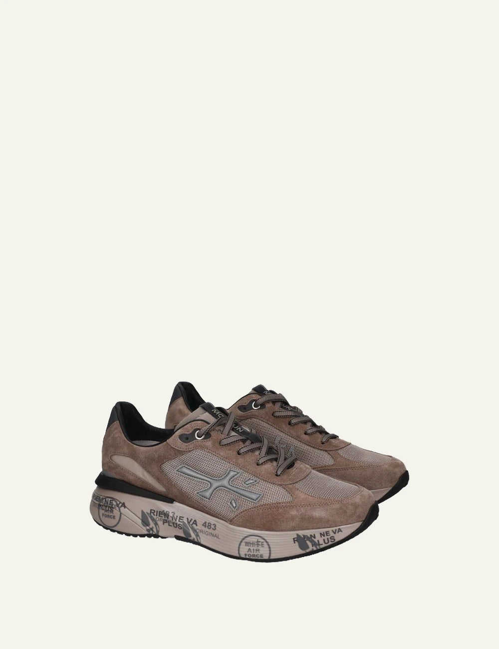 Premiata men's taupe suede and mesh sneakers angled