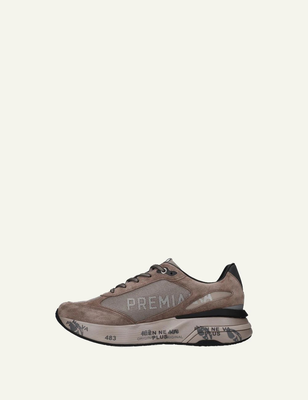 Premiata men's taupe suede and mesh sneakers profile