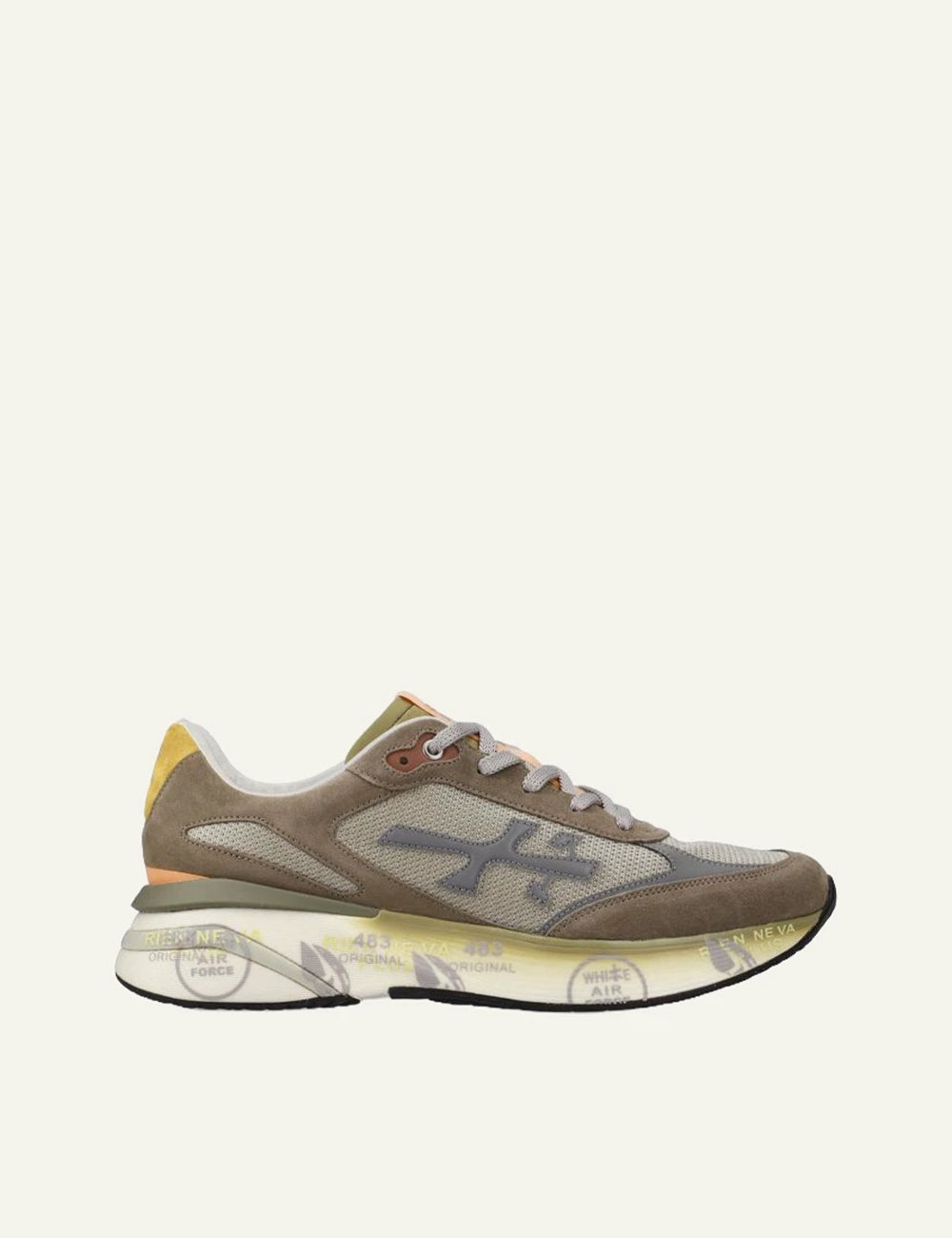 Premiata men's taupe suede and mesh sneakers with yellow accents