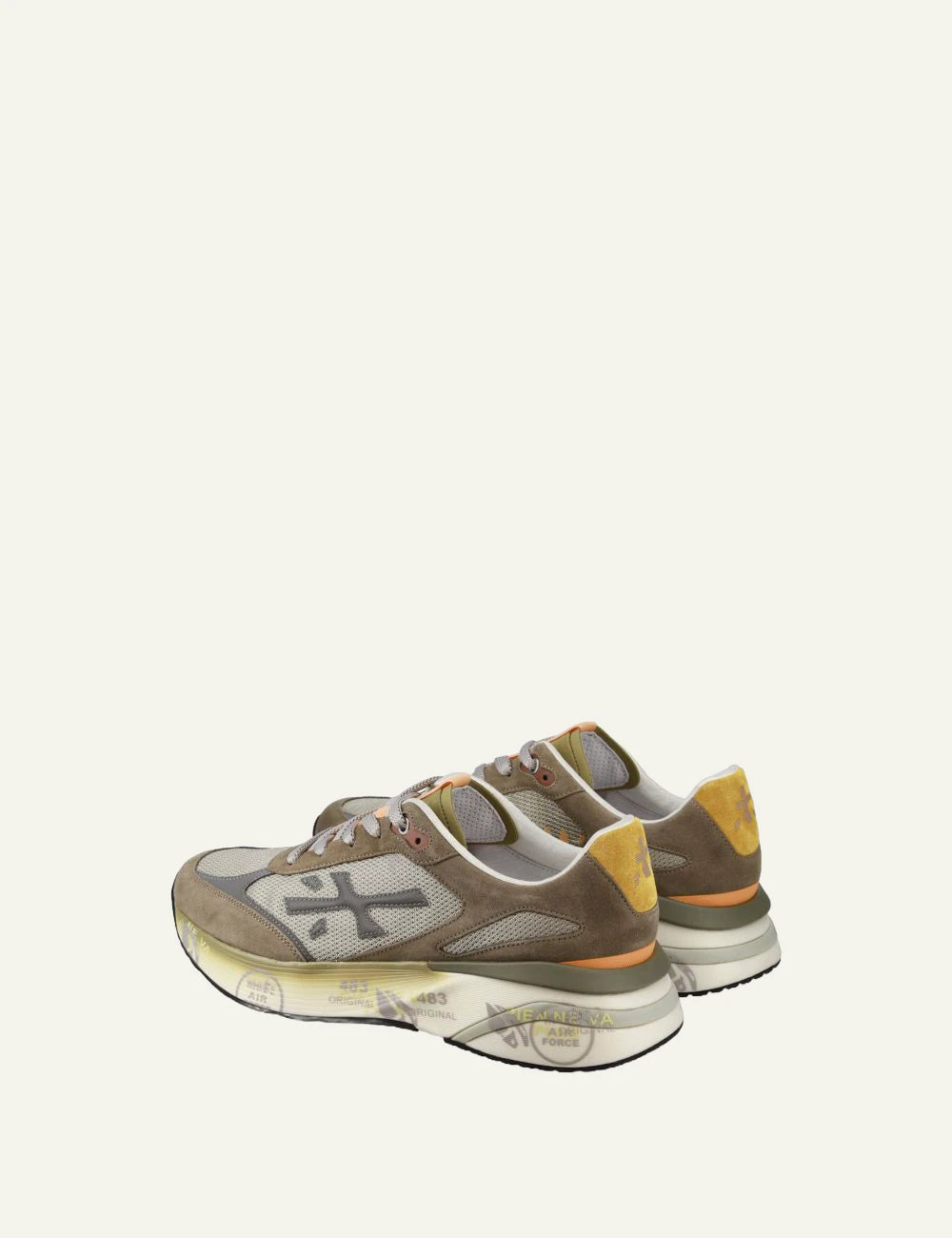 Premiata men's taupe suede and mesh sneakers with yellow accents back