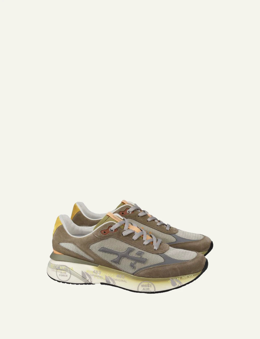 Premiata men's taupe suede and mesh sneakers with yellow accents profile