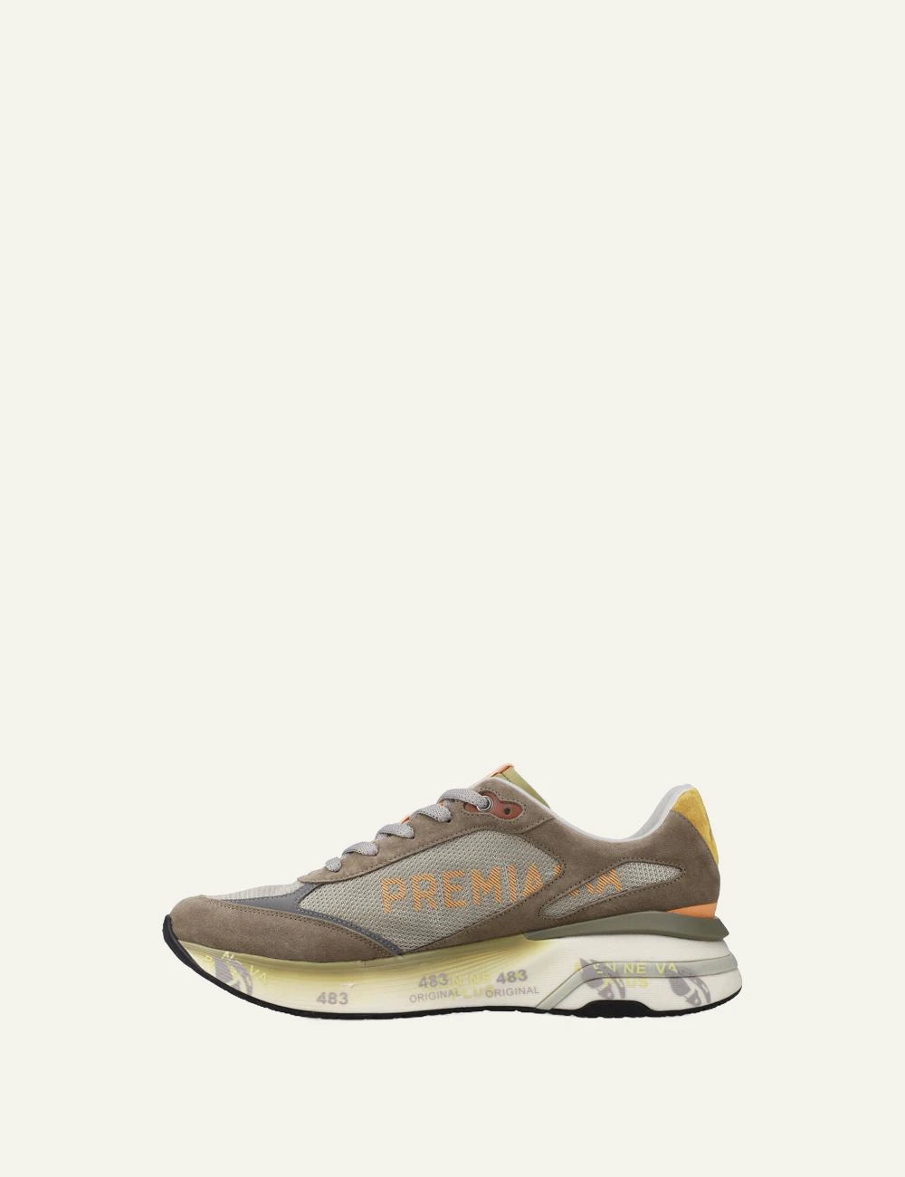 Premiata men's taupe suede and mesh sneakers with yellow accents profile
