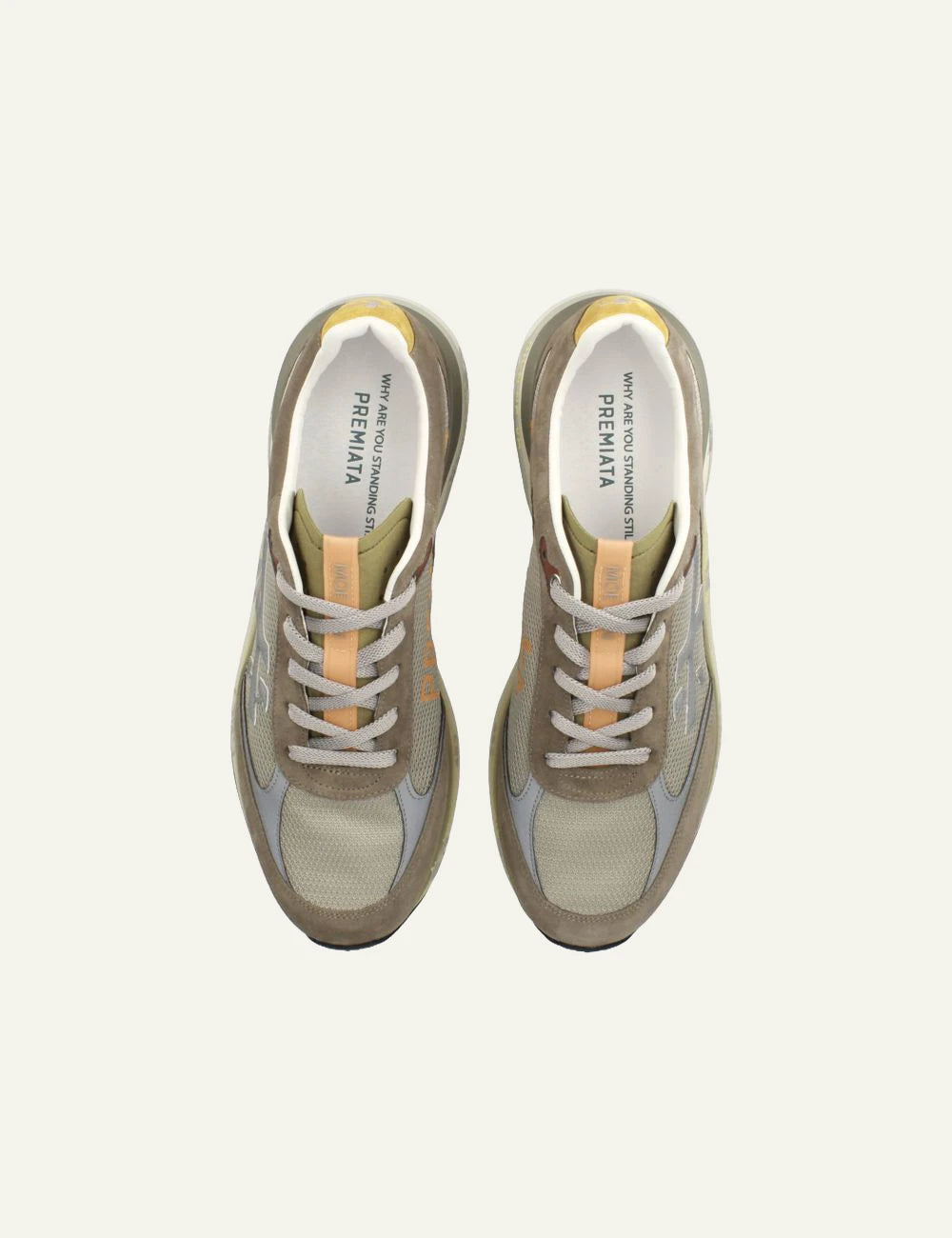 Premiata men's taupe suede and mesh sneakers with yellow accents top
