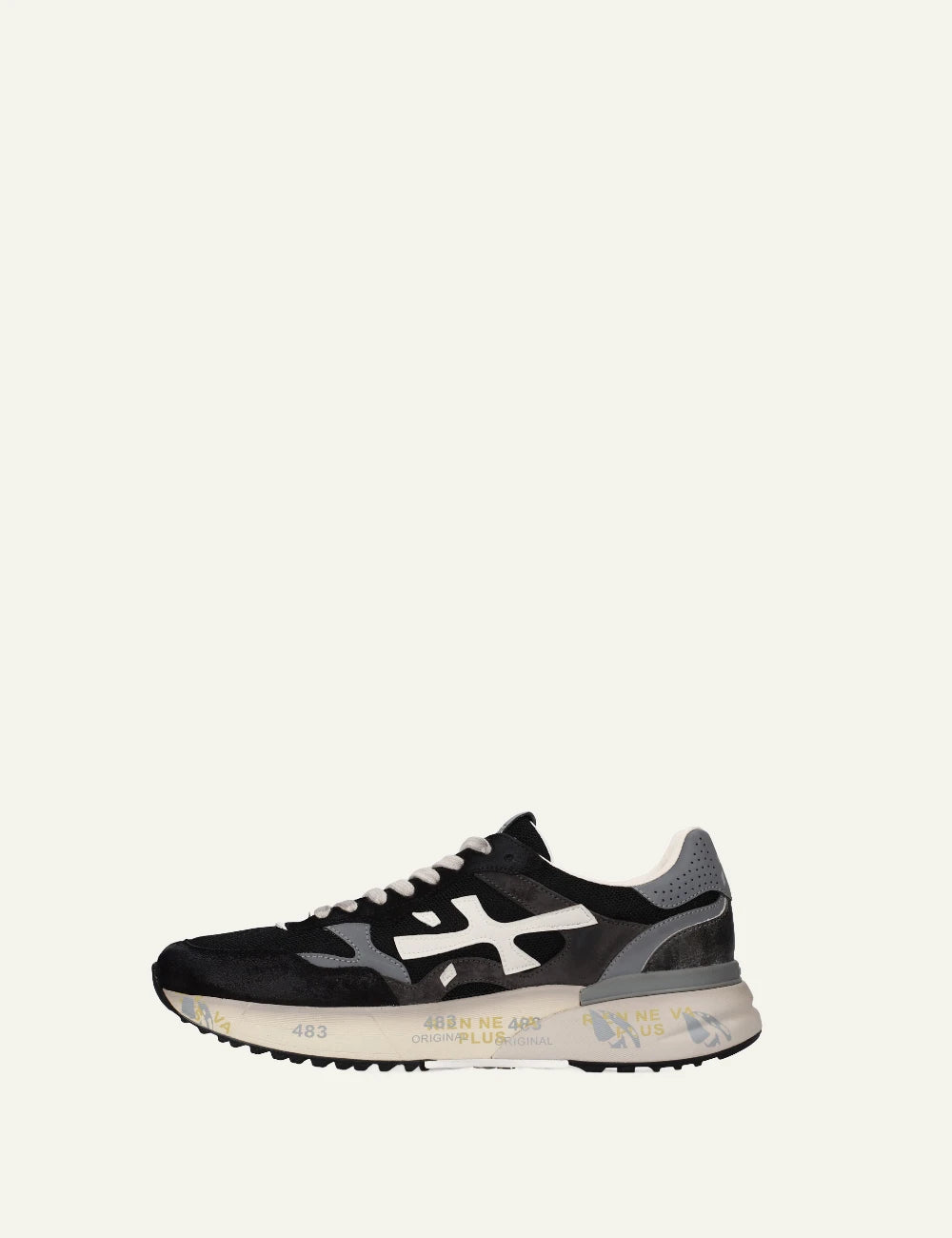 Premiata Mick sneaker black suede mesh profile view