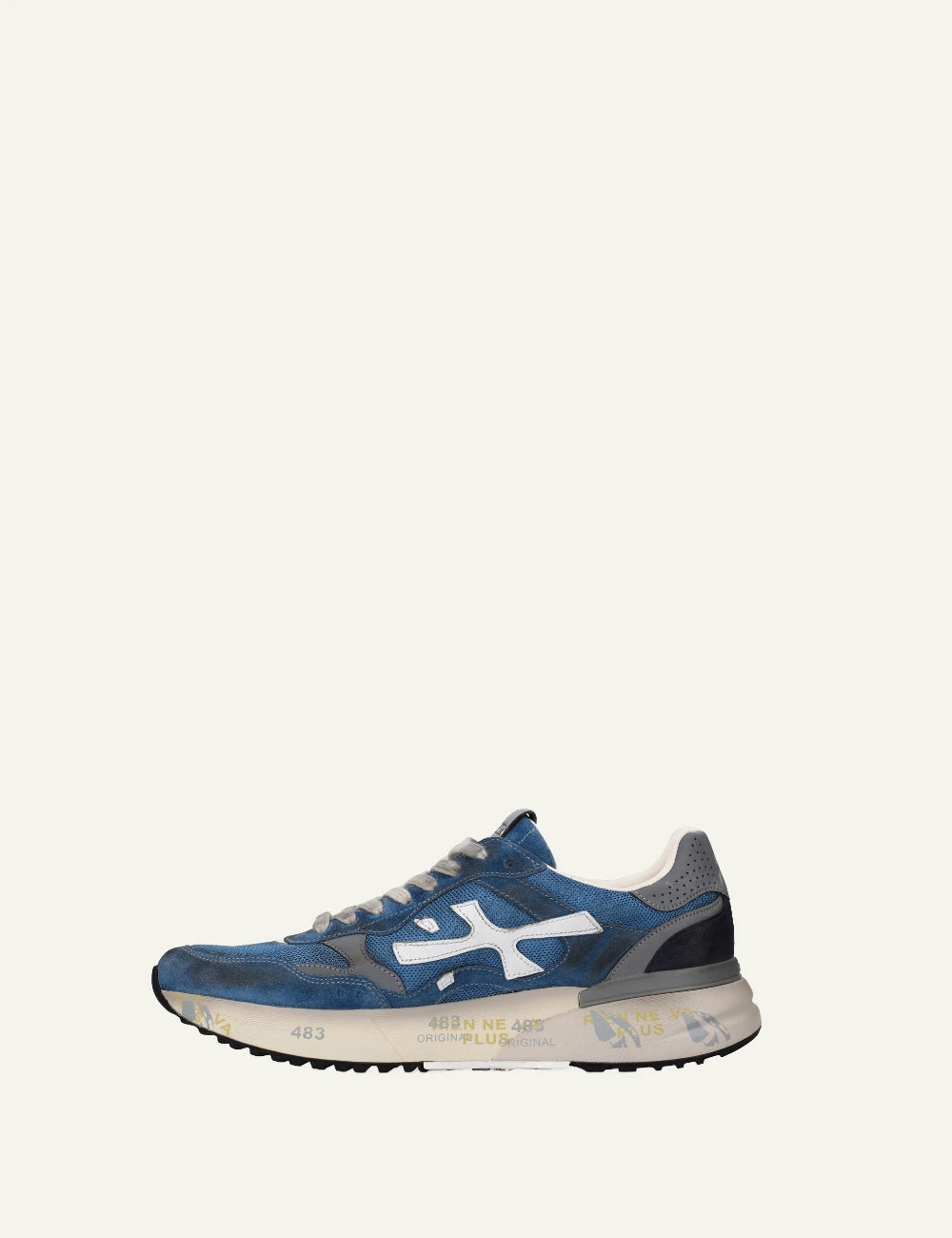 Premiata Mick sneaker blue suede mesh profile view