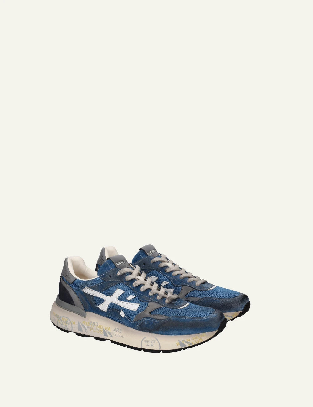 Premiata Mick sneaker blue suede mesh side angled view