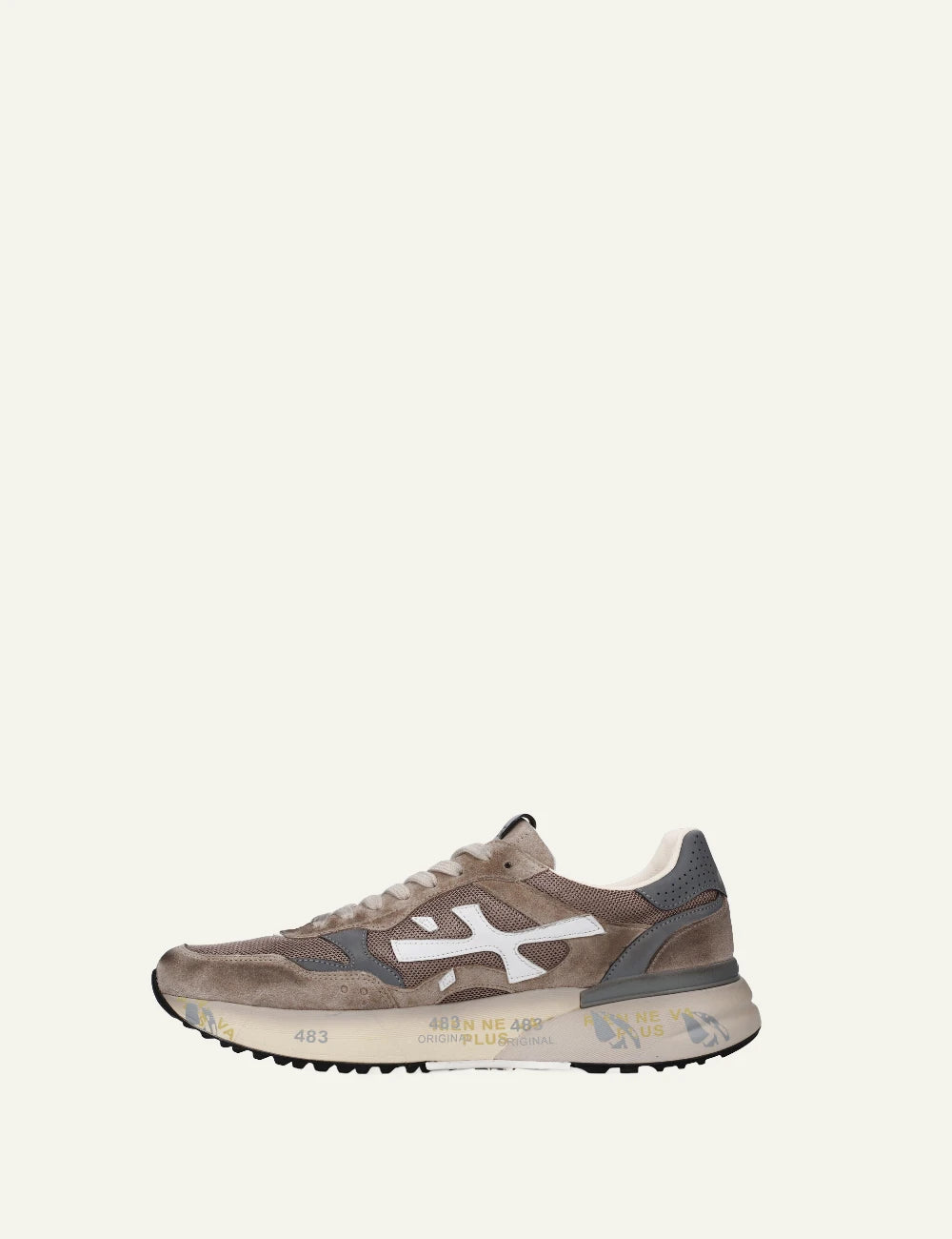 Premiata Mick sneaker taupe suede mesh profile view