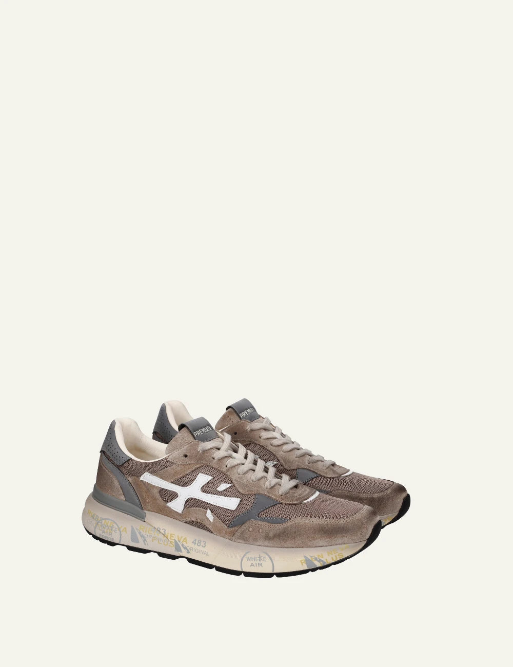 Premiata Mick sneaker taupe suede mesh side angled view