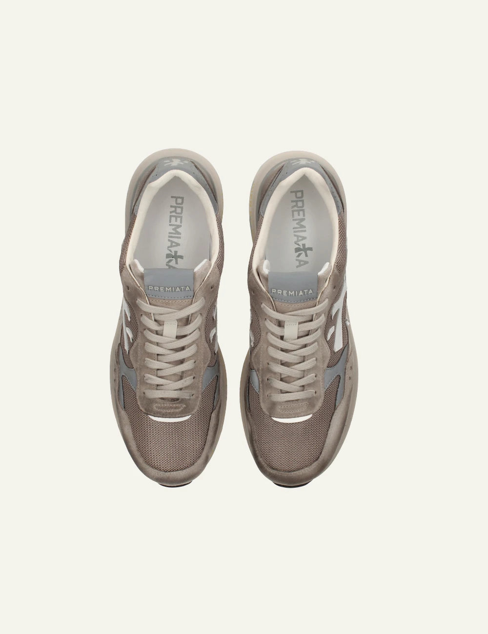 Premiata Mick sneaker taupe suede mesh top view