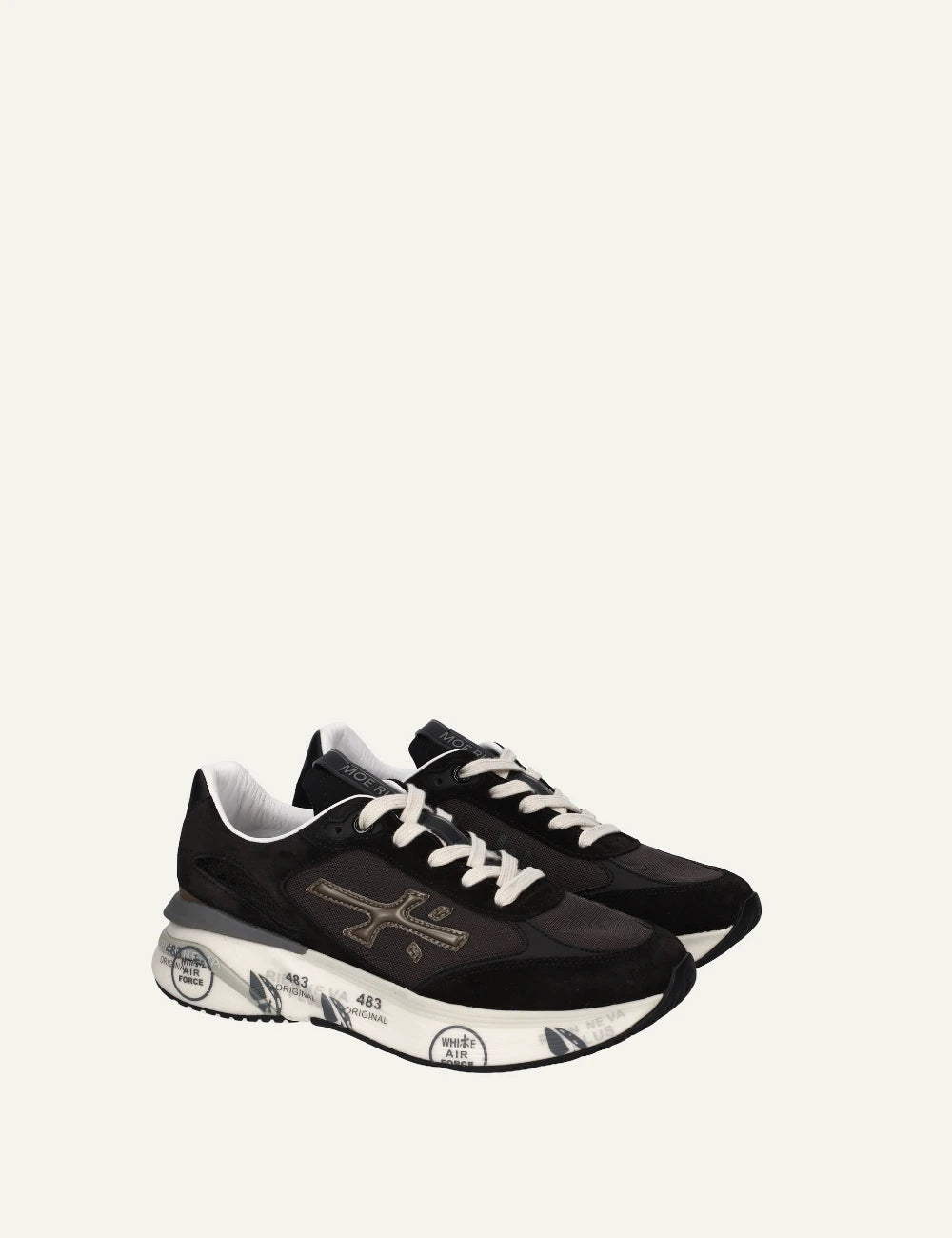 Premiata Moerun sneaker black leather mesh side angled view
