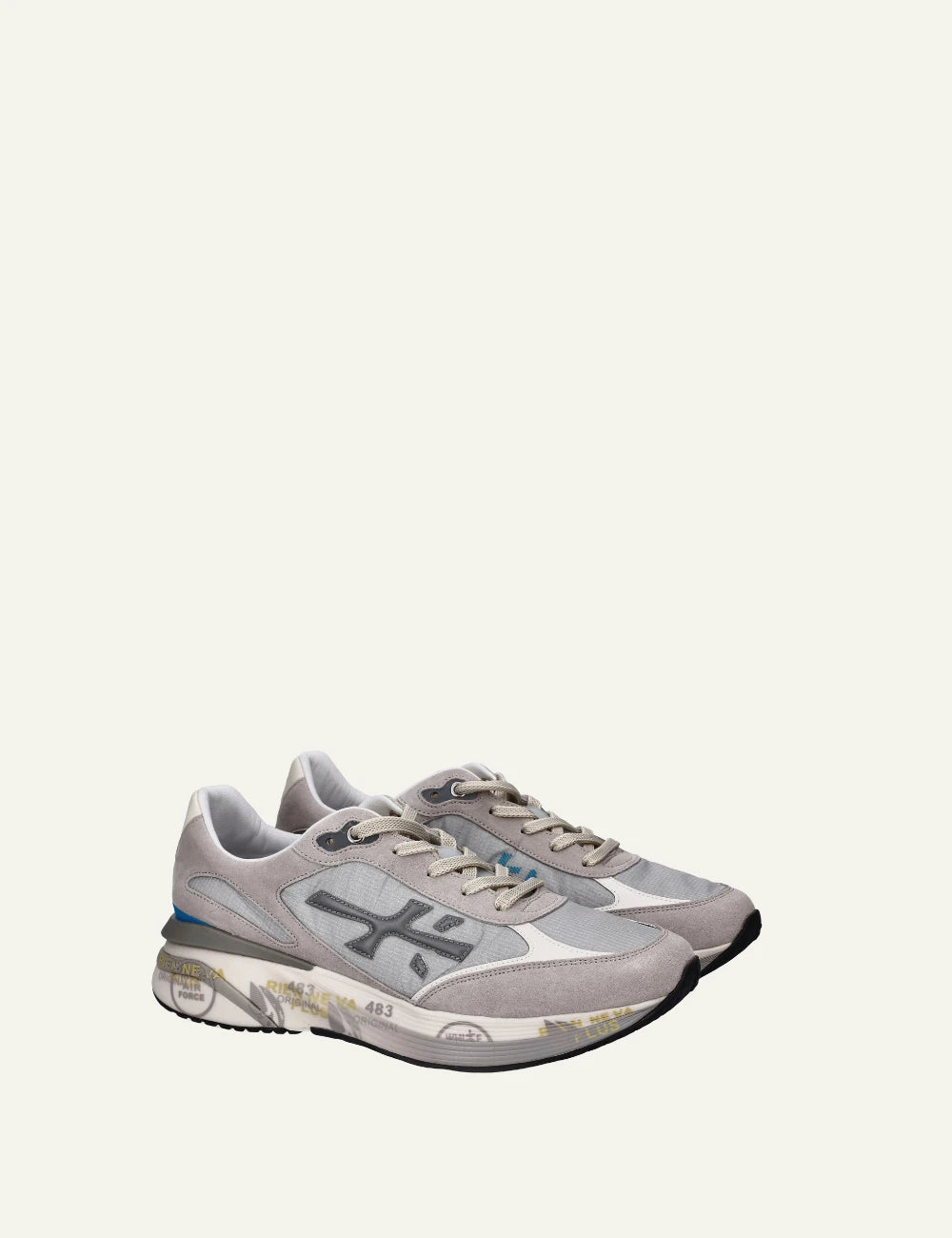 Premiata Moerun sneaker grey mesh suede side angled view
