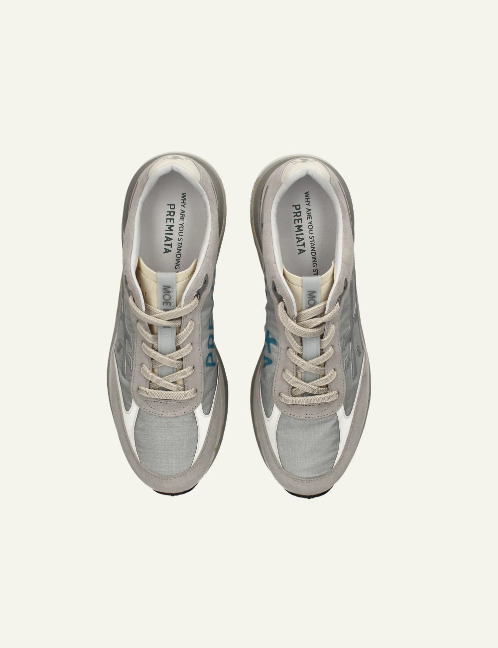 Premiata Moerun sneaker grey mesh suede top view