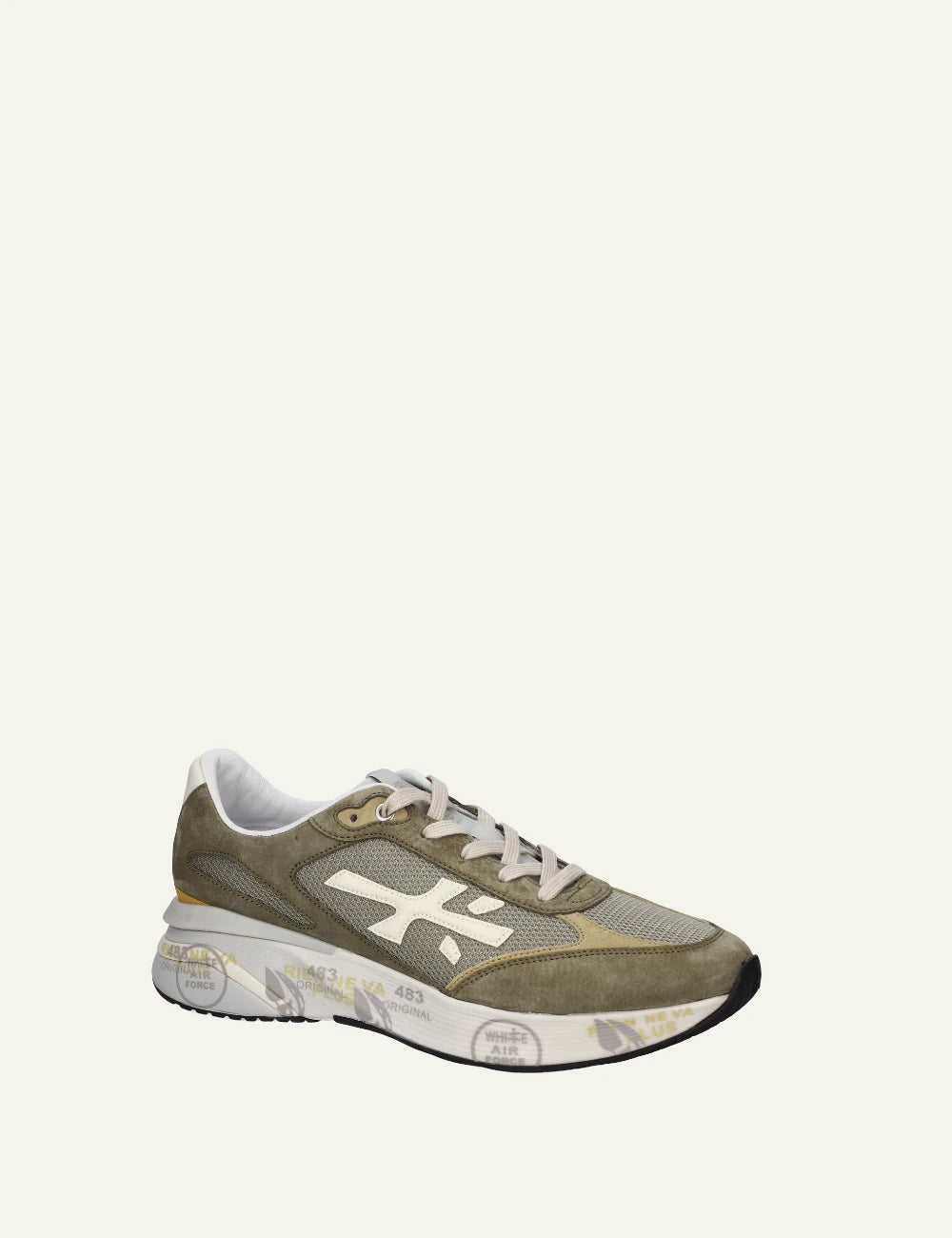Premiata Moerun sneaker khaki mesh suede angled view